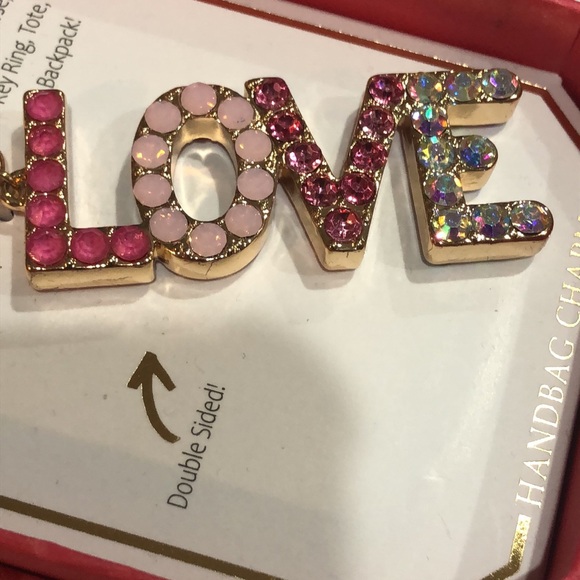 Pink Gemstone‎ adorned gold tone LOVE monogram bag charm new - Picture 4 of 5